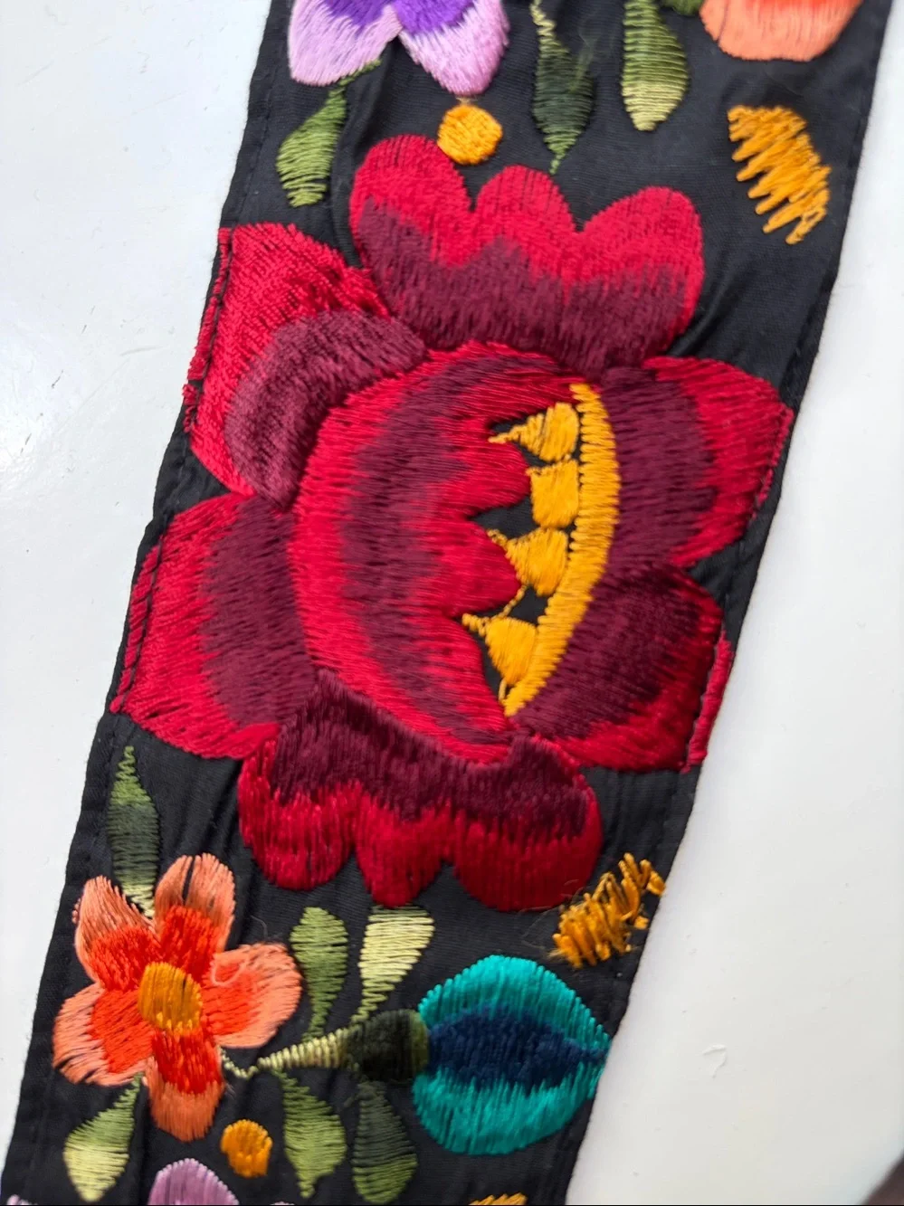 Mexican Embroidered Floral Black Belt Multicolor w/ Velcro